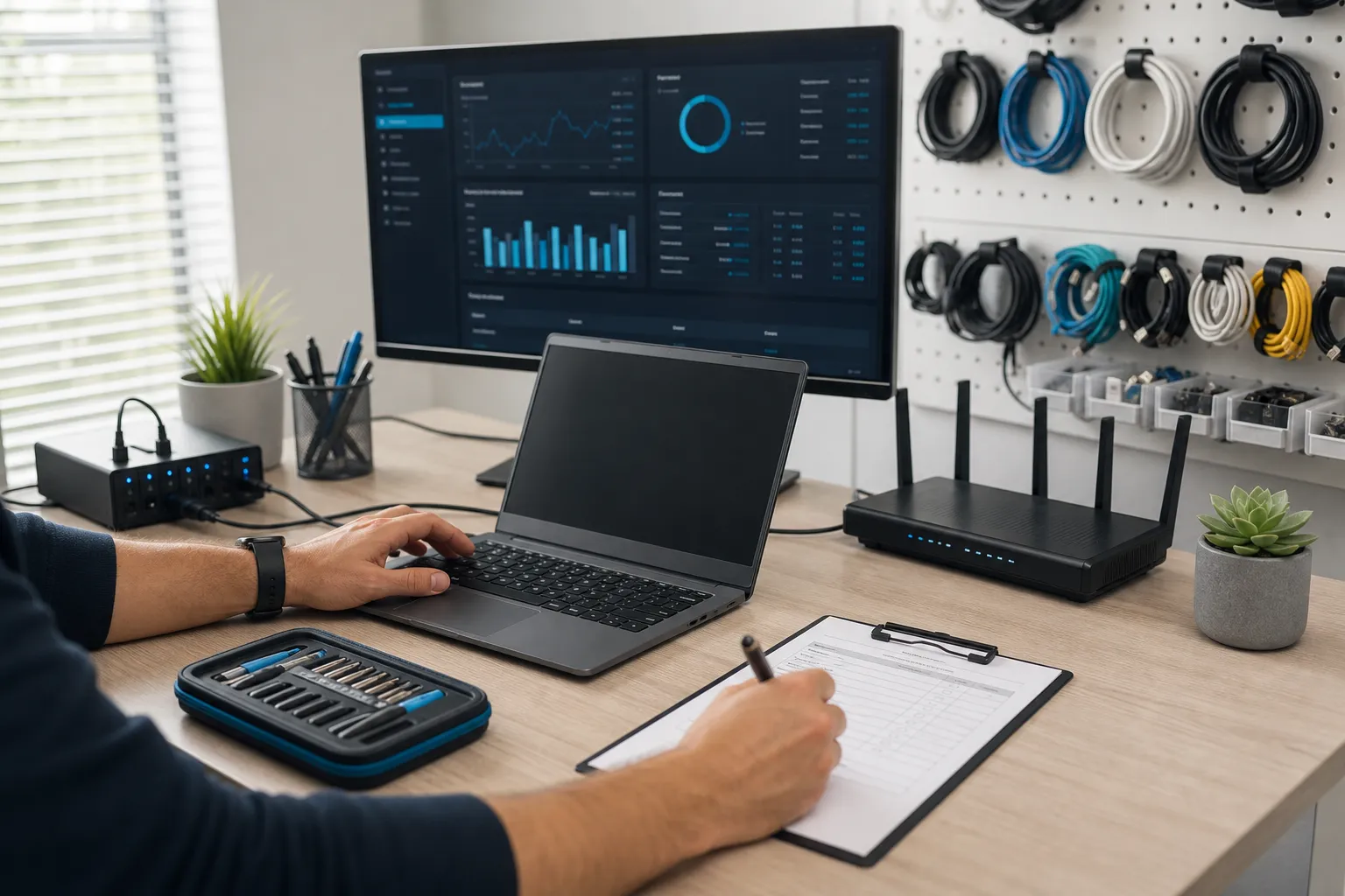 Technician reviewing a computer and network setup at a diagnostic desk